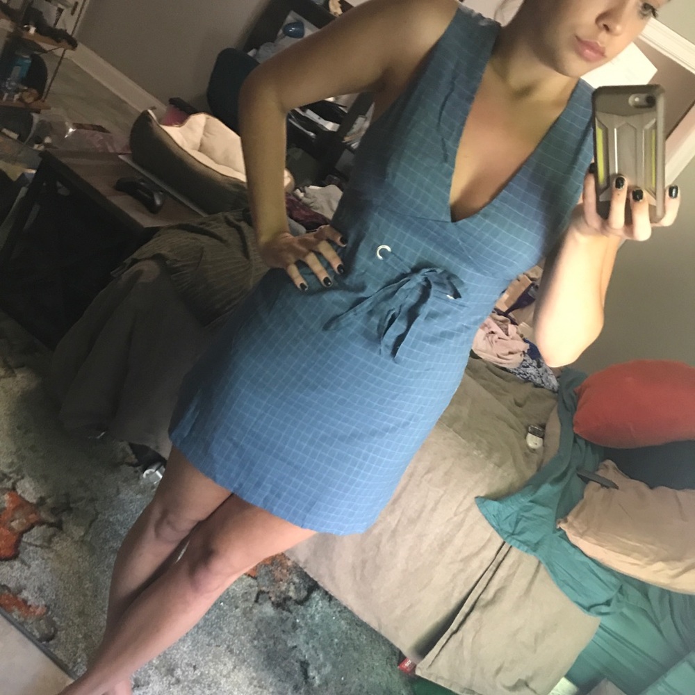Blue checkered dress, v neck and waist tie